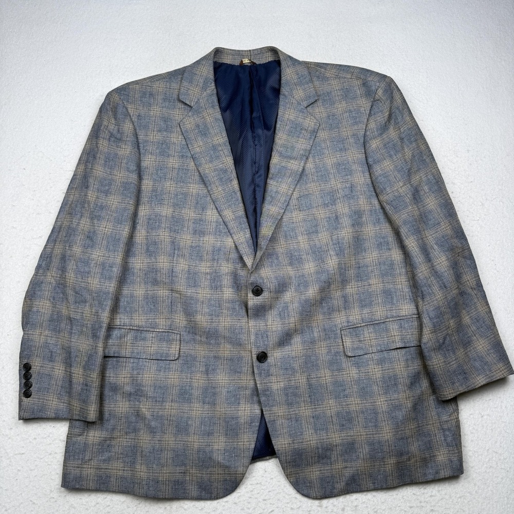 Oak Hill Sport Coat Mens 52 Blue Plaid Linen Rayon Two Button Big & Tall Jacket